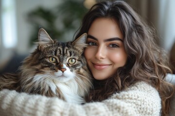 Young woman enjoys cozy moment with her fluffy cat in a warm, inviting indoor setting