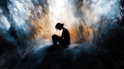 Fototapeta premium Artistic abstract illustration of silhouette of a sad woman sitting.