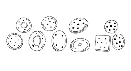 Cookies Assortment: A delightful array of meticulously hand-drawn cookies, each uniquely shaped and decorated, offering a charming visual treat. Perfect for illustrating baking, treats.