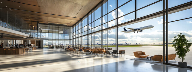 A panoramic view of an airport terminal, with large windows overlooking the runway and airplanes visible outside
