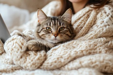 Fototapeta premium Cozy cat snuggles with owner while relaxing and using a tablet in a warm blanket