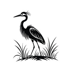 Black and White Heron Bird Silhouette with Grass – Vector Illustration