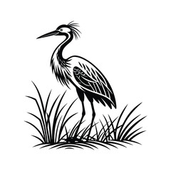 Black and White Heron Bird Silhouette with Grass – Vector Illustration