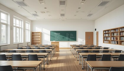 Modern Minimalist Classroom with Neatly Arranged Desks and Chalkboard