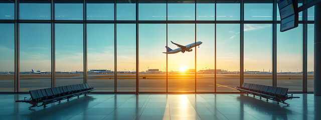 A panoramic view of an airport terminal, with large windows overlooking the runway and airplanes visible outside
