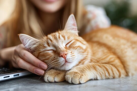 Comfortable orange cat peacefully relaxes while being petted by a person in a cozy home environment - Powered by Adobe