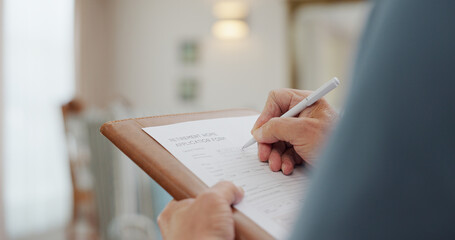 Application, hands and retirement home document with writing and checklist for agreement....