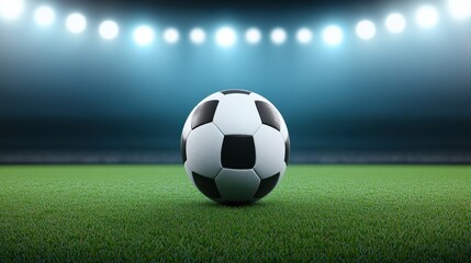 Fototapeta premium Classic Soccer Ball on Field Under Stadium Lights at Night