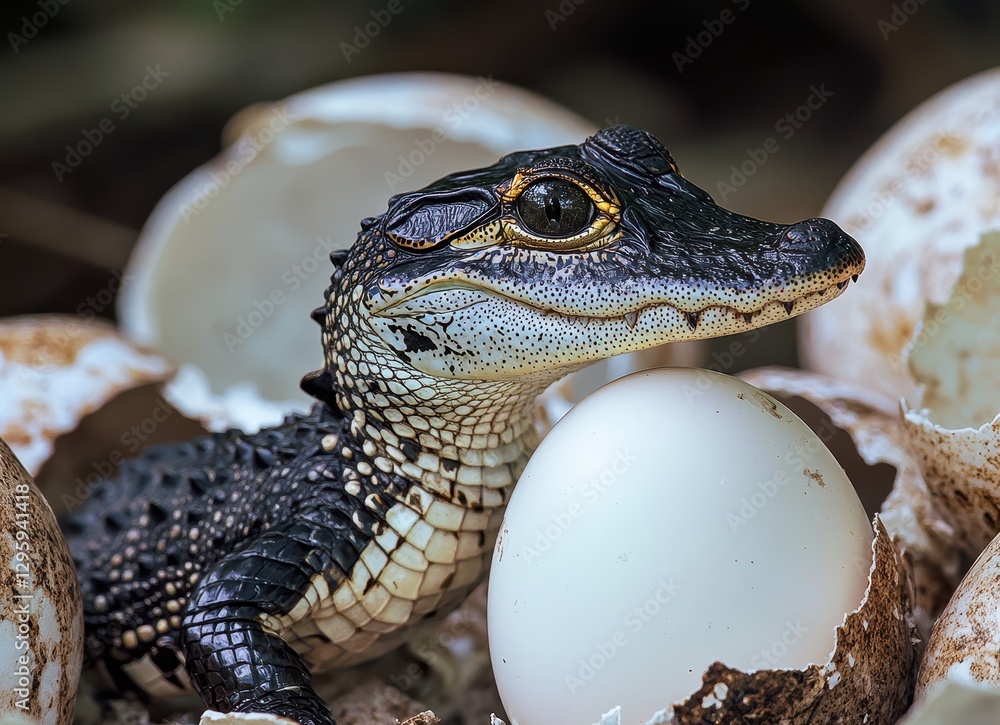 Poster close-up of hatchling reptile emerging from egg shells in natural habitat with soft focus background