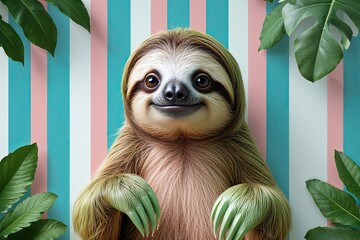 Obraz premium Chic Pastel Sloth Wallpaper with Aqua Stripes and Jungle Vibe