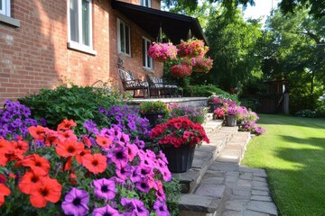 Naklejka premium Vibrant flower garden, red brick house, sunlit patio, colorful petunias, lush greenery, landscaped yard