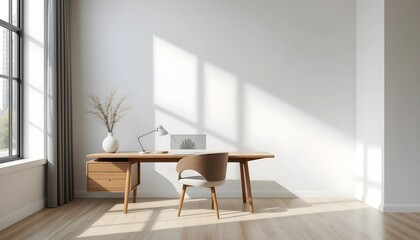 Minimalist Workspace with Wooden Desk and Natural Light