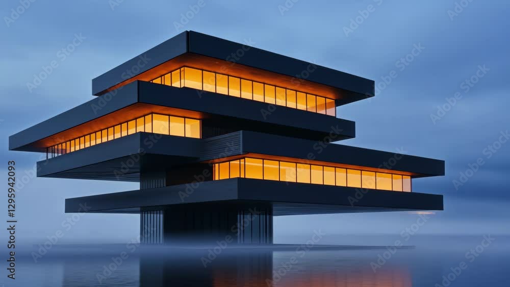 Poster Modern Multi Level Building with Illuminated Windows Reflecting on Water Under Cloudy Sky Unique Architectural Design with Striking Reflection and Futuristic Atmosphere