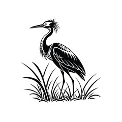Black and White Heron Bird Silhouette with Grass – Vector Illustration
