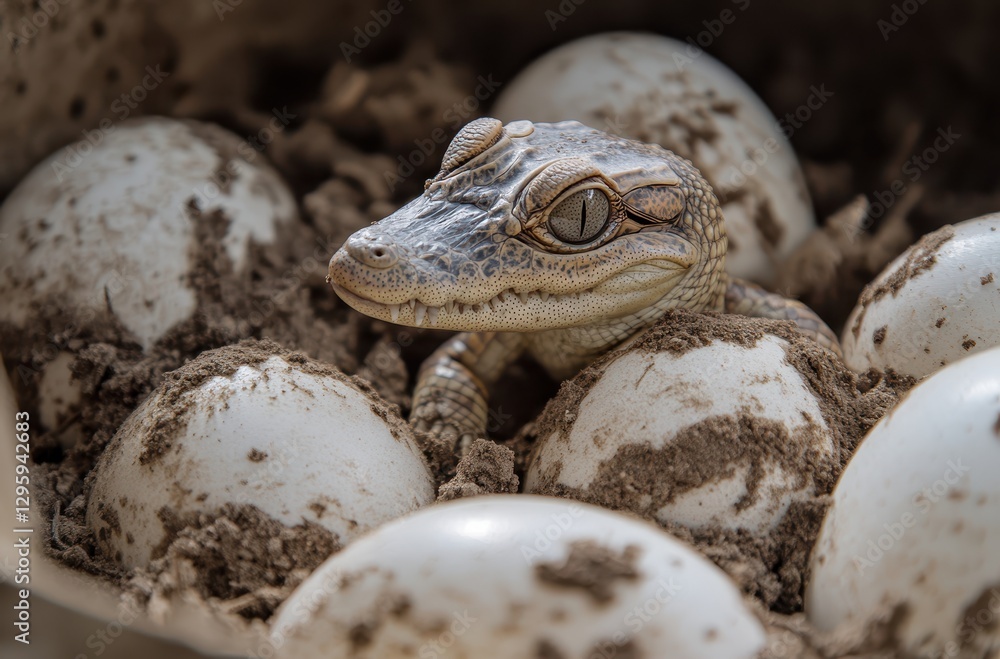 Poster close-up of lizard nesting on eggs surrounded by soil in a natural habitat setting
