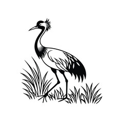 Black and White Heron Bird Silhouette with Grass – Vector Illustration