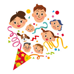 クラッカーから紙吹雪と一緒に笑顔の家族が飛び出すイラスト