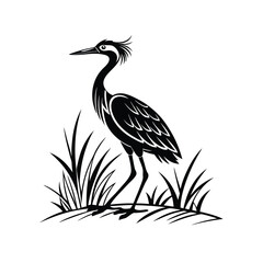 Black and White Heron Bird Silhouette with Grass – Vector Illustration