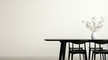 Minimalist dining room interior with black table and chairs featuring elegant vase decoration