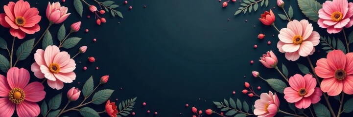 Dark charcoal background with intricate floral patterns in soft pastel hues, wallpaper, flowers, elegant