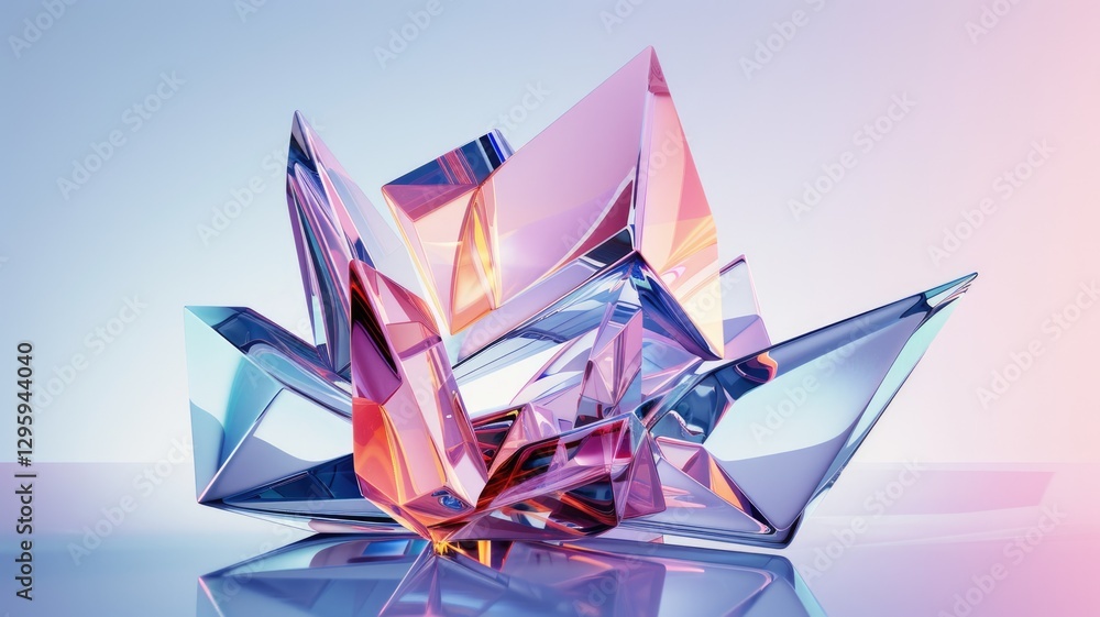 Poster abstract crystal shapes with reflective surfaces on colorful background. modern art and design conce