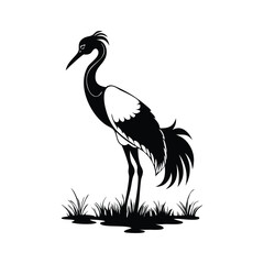 Black and White Heron Bird Silhouette with Grass – Vector Illustration