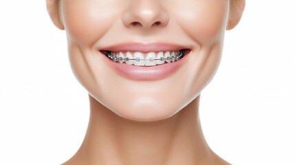 Obraz premium Close-up Metal Brackets on Teeth. Orthodontic Dental. Dental Care, Teeth Correction, Female Smile with Braces. Close-up of white teeth with braces. Dental care, treatment. Woman with tooth braces