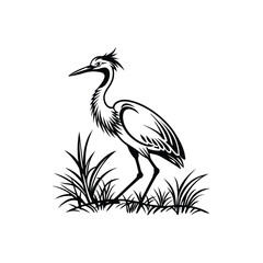 Black and White Heron Bird Silhouette with Grass – Vector Illustration