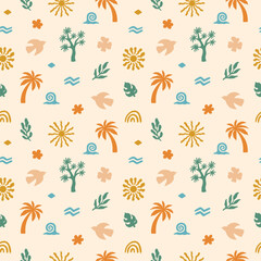 Boho Organic Summer Pattern. Abstract Beach Hand Drawn Background. Boho Sun And Palm Print. Vector Illustration Cutout Naive Style. Ocean Coral Sun Seamless Pattern for Textile. Modern Groovy Bg.