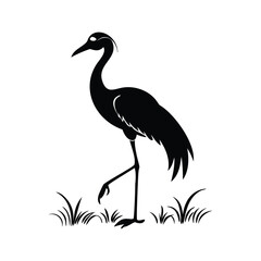 Black and White Heron Bird Silhouette with Grass – Vector Illustration