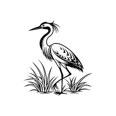 Black and White Heron Bird Silhouette with Grass – Vector Illustration
