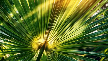 Obraz premium A close-up of sun rays peeking through palm leaves, capturing the fine texture and intricate details of the leaves against the warm light. 