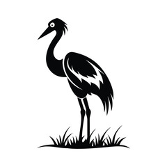 Black and White Heron Bird Silhouette with Grass – Vector Illustration