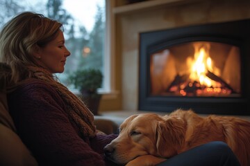 Cozy evening by the fireplace with a dog and a woman enjoying a moment of relaxation in a warm environment