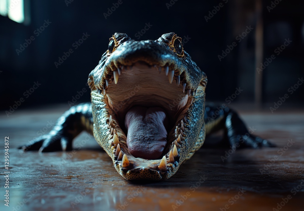 Aufkleber close-up of open-mouth alligator with sharp teeth and rugged texture on wooden floor in dim light se