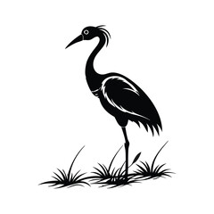 Black and White Heron Bird Silhouette with Grass – Vector Illustration