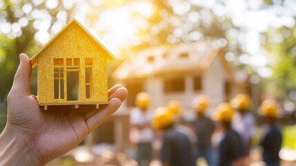 hand cradling tiny house model with construction workers in background