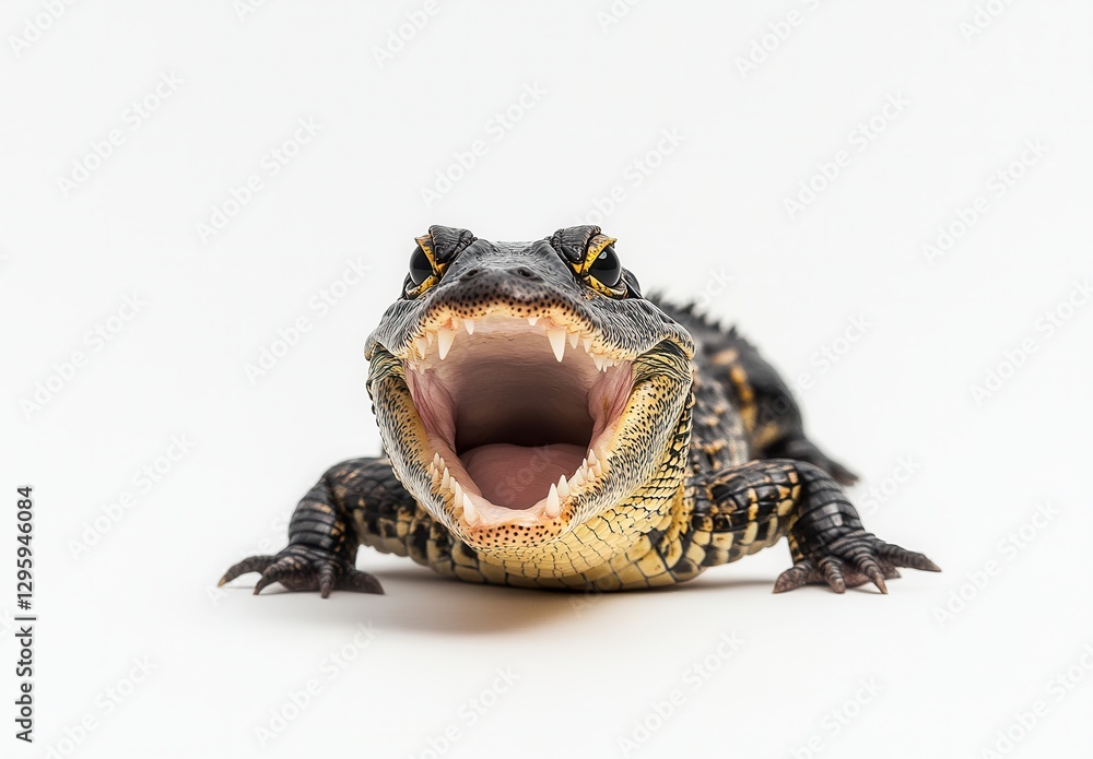 Poster close-up of open-mouthed alligator lizard on white background showcasing sharp teeth and unique text