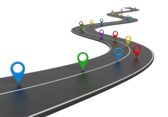 Isolated Road with Location Pins on a Winding Path