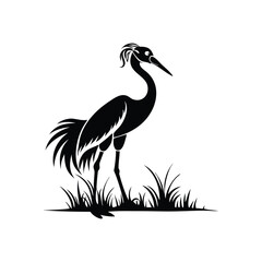 Fototapeta premium Black and White Heron Bird Silhouette with Grass – Vector Illustration