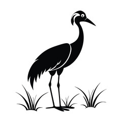 Black and White Heron Bird Silhouette with Grass – Vector Illustration