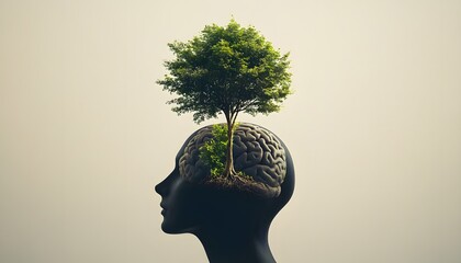 Human head silhouette featuring a brain with tree growing out