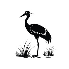 Black and White Heron Bird Silhouette with Grass – Vector Illustration