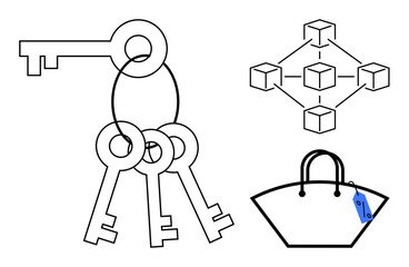 Keys on a ring symbolize security, interconnected cubes represent blockchain technology, and a shopping bag shows commerce. Ideal for security, blockchain, e-commerce, data protection, digital