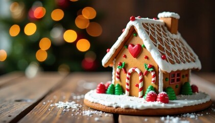 Decorated Gingerbread House on a Wooden Table, gingerbread house, baked goods, Christmas cookies