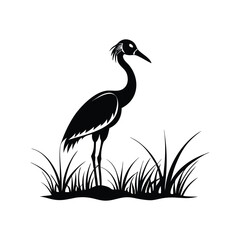 Black and White Heron Bird Silhouette with Grass – Vector Illustration