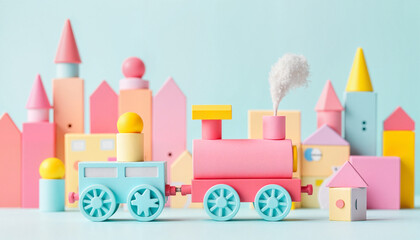 Colorful building block train in whimsical pastel town, playful imagination