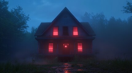 An ominous haunted house glows red with eerie light at night