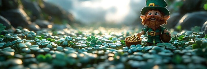 Cheerful Leprechaun on Clover Filled Path Holding Basket
