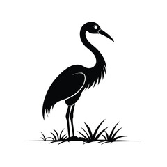 Black and White Heron Bird Silhouette with Grass – Vector Illustration